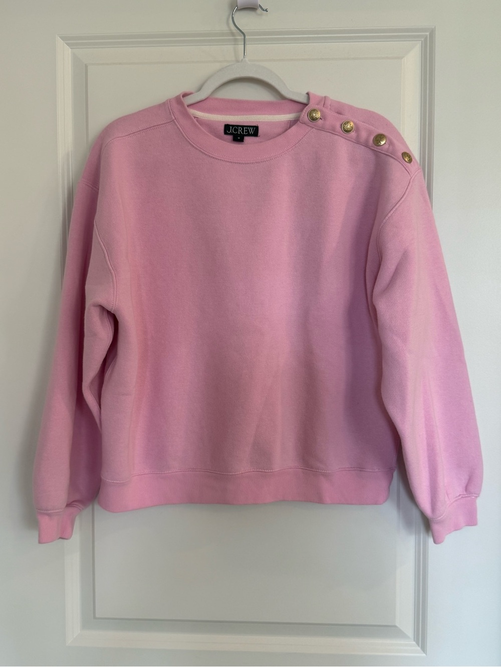 J. Crew Light Pink Crewneck Sweatshirt with Gold Shoulder Buttons